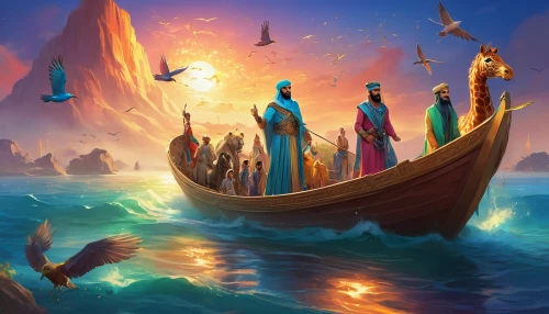fantasy picture,the people in the sea,phoenix boat,world digital painting,migration,god of the sea,merfolk,el mar,voyage,fantasy art,red sea,trireme,birds of the sea,tour to the sirens,migrate,biblical narrative characters,migratory,magi,noah's ark,longship,Illustration,Realistic Fantasy,Realistic Fantasy 01