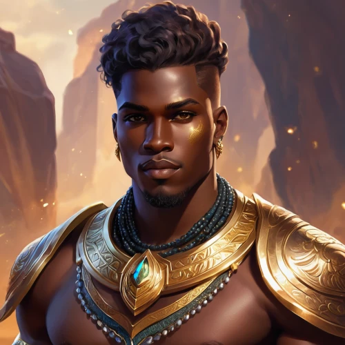 perseus,pharaoh,greek god,pharaonic,apollo,zodiac sign libra,zion,king david,cg artwork,portrait background,male character,fantasy portrait,poseidon god face,king caudata,african american male,zodiac sign leo,nile,elaeis,biblical narrative characters,ramses ii,Illustration,Realistic Fantasy,Realistic Fantasy 01