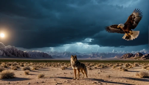 howling wolf,steppe eagle,photo manipulation,wolves,of prey eagle,two wolves,photomanipulation,fantasy picture,digital compositing,desert buzzard,howl,bird of prey,mountain hawk eagle,birds of prey-night,animal migration,steppe buzzard,hunting dogs,bird bird-of-prey,hawk animal,mongolian eagle