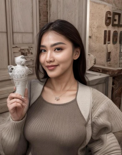 gelato,whipped ice cream,holding cup,chewy,soft ice cream,sundae,woman with ice-cream,ice cream cone,two glasses,asian girl,vintage asian,ice cream,milk ice cream,sip,asian woman,dessert,cappuccino,wine glass,asian teapot,italian ice,Common,Common,Commercial