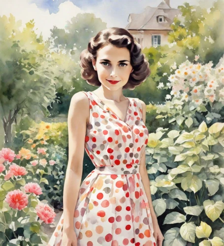 girl in the garden,girl in flowers,audrey,audrey hepburn,1950s,vintage floral,vintage woman,jane russell-female,1940 women,retro woman,retro women,jean simmons-hollywood,watercolor pin up,vintage 1950s,vintage girl,gingham flowers,girl picking flowers,girl in a wreath,teresa wright,vintage female portrait