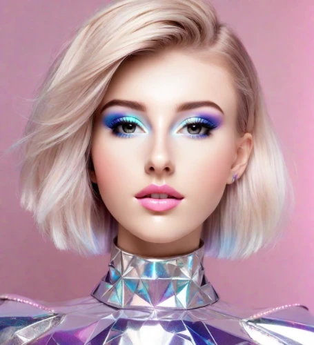 barbie doll,barbie,airbrushed,violet head elf,girl-in-pop-art,realdoll,popart,pixie-bob,pop art girl,mannequin,aura,violet,pop art woman,prismatic,futuristic,purple blue,cosmetic,doll's facial features,color,purple and pink