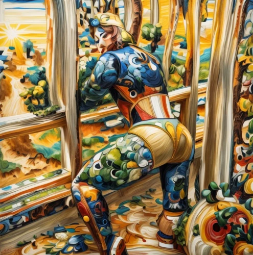 carousel horse,glass painting,carnival horse,carousel,michelangelo,artist's mannequin,meticulous painting,harlequin,orangina,artistic roller skating,painted horse,painting technique,vintage art,oil on canvas,rodeo clown,colorful horse,painter doll,ceramic,matador,merry-go-round