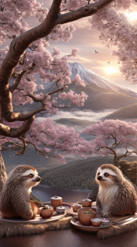 chinese tree chipmunks,tea ceremony,tea zen,japanese sakura background,afternoon tea,spring pancake,cinnabon,whimsical animals,teatime,japanese tea,squirell,tea party,breakfast table,tea time,rabbits and hares,raccoons,sakura trees,squirrels,kaiseki,hares