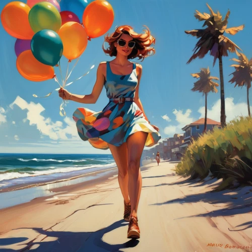 little girl with balloons,retro pin up girl,colorful balloons,pinup girl,pin-up girl,retro pin up girls,pin up girl,beach walk,walk on the beach,summer day,retro girl,balloons flying,pin-up girls,balloons,woman walking,blue balloons,pin ups,summer feeling,pin up,world digital painting,Conceptual Art,Oil color,Oil Color 04