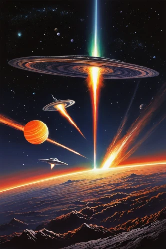 space art,ufo intercept,asteroids,ufo,binary system,asteroid,meteor,cosmonautics day,alien planet,sci fiction illustration,science fiction,ufos,alien invasion,alien world,pioneer 10,starship,planetary system,exoplanet,science-fiction,futuristic landscape,Illustration,Japanese style,Japanese Style 12