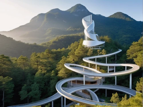 futuristic architecture,ski jump,ski jumping,bird tower,winding steps,helix,spiral staircase,nordic combined,spiral stairs,winding staircase,observation tower,stairway to heaven,modern architecture,animal tower,futuristic art museum,environmental art,sky space concept,spiralling,moveable bridge,harp of falcon eastern,Photography,General,Realistic