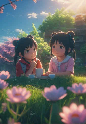girl and boy outdoor,falling flowers,little boy and girl,studio ghibli,picking flowers,holding flowers,summer evening,boy and girl,blooming grass,romantic scene,twin flowers,cartoon flowers,flowers fall,flower painting,beauty scene,floral greeting,the evening light,flower background,summer bloom,flower in sunset,Photography,General,Fantasy