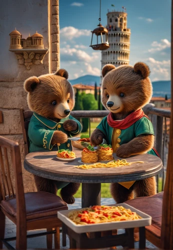dinner for two,romantic dinner,the bears,bear cubs,otters,date night,bears,grizzlies,pizza service,romantic scene,romantic night,valentine bears,family dinner,pizzeria,toasts,kids' meal,anthropomorphized animals,koalas,picnic,dining,Photography,General,Fantasy