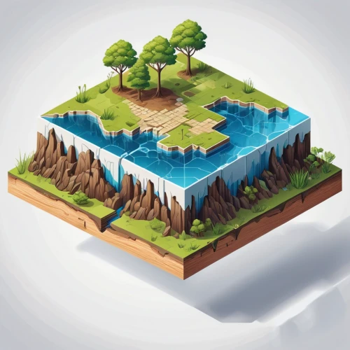 isometric,floating islands,artificial islands,water resources,floating island,terraforming,artificial island,soil erosion,underground lake,landform,water scape,geological phenomenon,aeolian landform,mushroom island,water courses,water usage,an island far away landscape,a small waterfall,game illustration,terrain,Unique,3D,Isometric