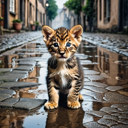 toyger,bengal cat,street cat,tabby kitten,tiger cub,alley cat,puddles,wild cat,american bobtail,tabby cat,cute cat,american wirehair,bengal,american shorthair,stray kitten,tiger cat,young tiger,young cat,stray cat,malayan tiger cub