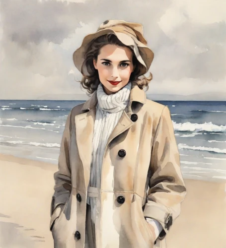 woman with ice-cream,girl wearing hat,girl in cloth,audrey hepburn,coat,girl on the dune,summer coat,young woman,beach background,vintage woman,overcoat,woman in menswear,1940 women,portrait of a girl,girl with cloth,a charming woman,ingrid bergman,long coat,romantic portrait,vintage girl