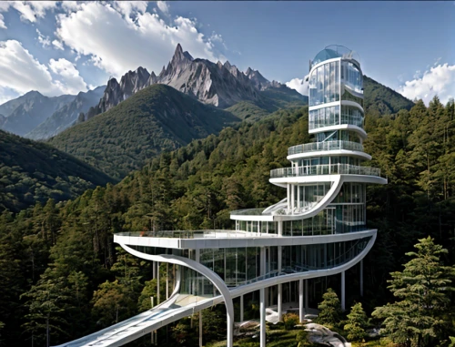 futuristic architecture,eco hotel,mountain station,futuristic art museum,observation tower,residential tower,the observation deck,alpine restaurant,luxury hotel,hahnenfu greenhouse,house in the mountains,modern architecture,dachstein,arhitecture,observation deck,solar cell base,house in mountains,hotel complex,building valley,sochi