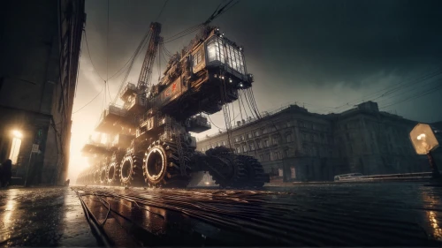 under the moscow city,destroyed city,dreadnought,airship,metropolis,heavy rain,black city,airships,mega crane,moscow,steampunk,atmospheric,moscow city,atmosphere,digital compositing,flying machine,cinematic,dystopian,excavator,photomanipulation