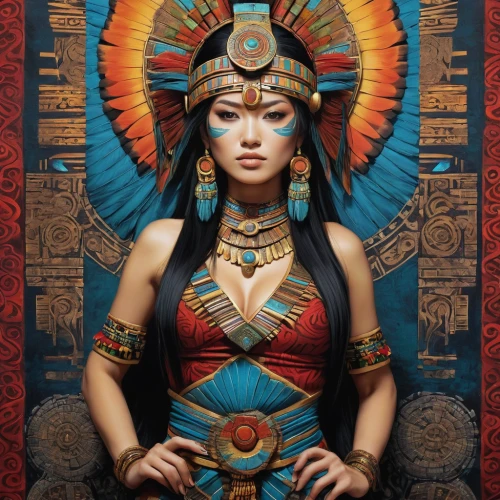 cleopatra,ancient egyptian girl,priestess,warrior woman,pharaonic,shamanic,oriental princess,horus,ancient egyptian,ancient egypt,headdress,pocahontas,egyptian,indian headdress,orientalism,oriental girl,ancient costume,aztec,fantasy art,sacred art,Illustration,Japanese style,Japanese Style 18