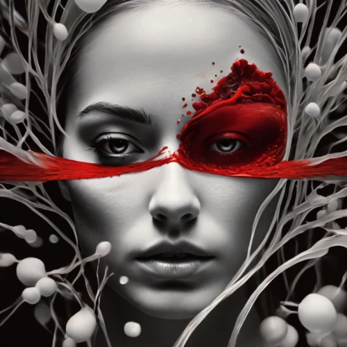 sci fiction illustration,red magnolia,red berries,red ribbon,red gift,red petals,image manipulation,thorns,red matrix,bloodstream,cybernetics,rosehips,geisha girl,geisha,photo manipulation,digital compositing,cherry branches,katniss,crown of thorns,book cover