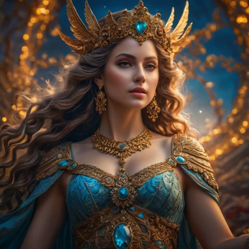 fantasy portrait,fantasy art,golden crown,fantasy woman,celtic queen,fairy queen,artemisia,fantasy picture,the enchantress,elsa,queen of the night,crown render,athena,the snow queen,golden wreath,blue enchantress,goddess of justice,celtic woman,fairy tale character,fantasia,Photography,General,Fantasy