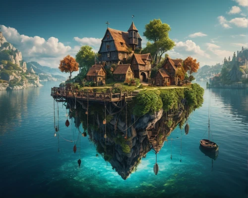 house with lake,fantasy landscape,3d fantasy,water castle,fantasy picture,fairy tale castle,floating islands,floating island,house by the water,fairytale castle,floating huts,fantasy world,artificial island,fairy village,sunken church,fantasy art,house of the sea,islet,an island far away landscape,flying island,Photography,General,Fantasy