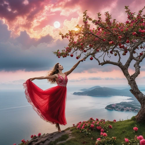 gracefulness,fantasy picture,girl with tree,landscape rose,red cape,flamenco,landscape background,little girl in wind,beautiful landscape,blossoming apple tree,splendor of flowers,romantic scene,enchanting,idyll,red tree,fairies aloft,red magnolia,red gown,beauty in nature,landscape red,Photography,General,Realistic