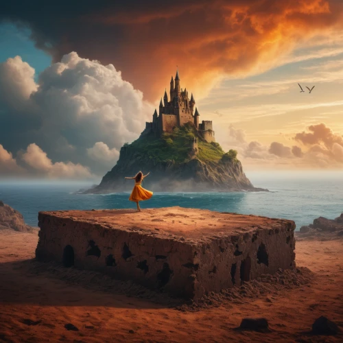 fantasy picture,sandcastle,digital compositing,3d fantasy,photo manipulation,fantasy landscape,sand castle,photomanipulation,world digital painting,summit castle,fantasy art,eventide,water castle,castel,knight's castle,islet,castles,gold castle,voyage,kingdom,Photography,General,Fantasy