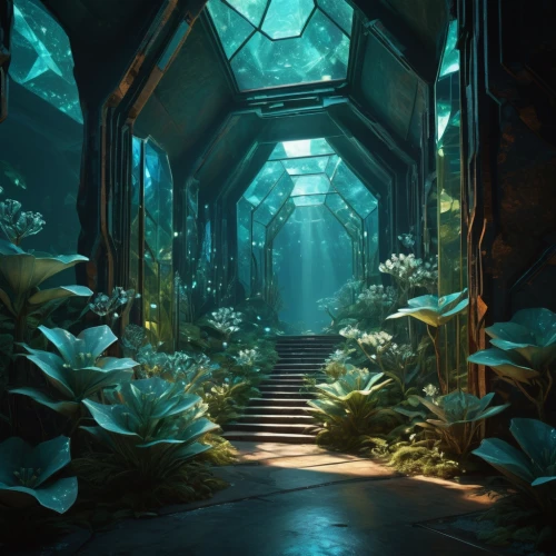 hall of the fallen,fractal environment,terrarium,diamond lagoon,aquarium,tunnel of plants,elven forest,dandelion hall,underwater oasis,3d fantasy,threshold,hallway,blue cave,dungeon,chamber,walkway,greenhouse,hex,apiarium,forest path,Photography,General,Natural