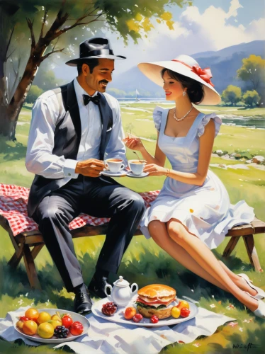 picnic,cream tea,vintage man and woman,picnic basket,young couple,italian painter,romantic scene,vintage boy and girl,tea party,afternoon tea,girl and boy outdoor,picnic table,courtship,alfresco,art painting,man and wife,painting technique,tearoom,as a couple,romantic portrait,Conceptual Art,Oil color,Oil Color 03