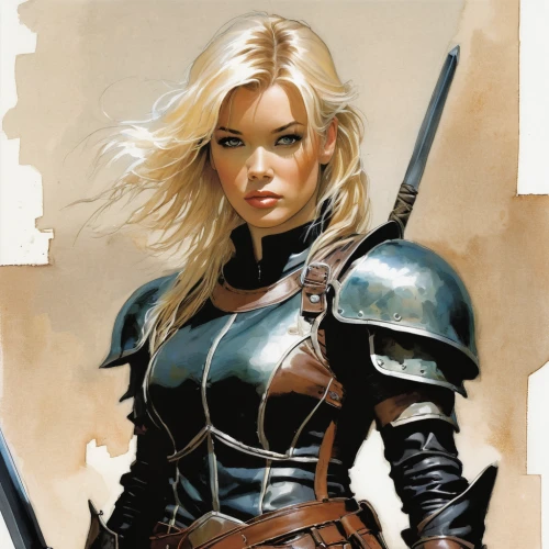 female warrior,swordswoman,heroic fantasy,cuirass,heavy armour,breastplate,warrior woman,fantasy warrior,joan of arc,armor,huntress,armour,knight armor,fantasy woman,armored,ranger,musketeer,fantasy portrait,paladin,blonde woman,Conceptual Art,Fantasy,Fantasy 10