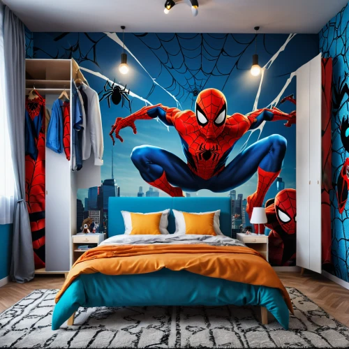 boy's room picture,spiderman,spider man,spider-man,kids room,children's bedroom,duvet cover,superhero background,great room,sleeping room,wall sticker,wall decoration,laundry spider,wall paint,bedroom,spider,bed linen,spider the golden silk,wall decor,spider bouncing,Photography,General,Realistic
