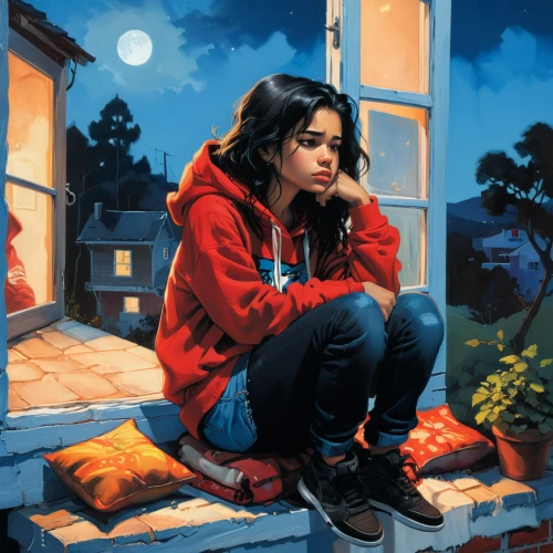 rosa ' amber cover,girl studying,girl sitting,world digital painting,digital painting,sci fiction illustration,depressed woman,red riding hood,clementine,girl praying,thoughtful,contemplation,little red riding hood,woman thinking,worried girl,cover,in the evening,night scene,pensive,hoodie,Conceptual Art,Oil color,Oil Color 04