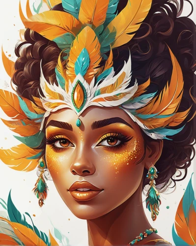 tiger lily,moana,polynesian girl,yellow crown amazon,golden crown,headdress,fantasy portrait,rosa ' amber cover,boho art,feather headdress,summer crown,gold foil mermaid,polynesian,flora,golden wreath,gold filigree,gold foil crown,golden leaf,tropical bloom,gold crown,Conceptual Art,Fantasy,Fantasy 21