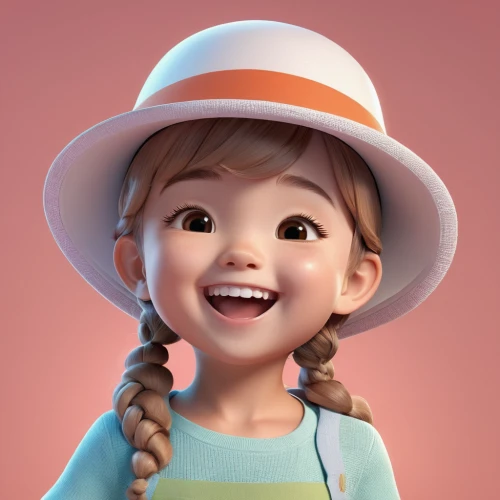 agnes,girl wearing hat,cute cartoon character,a girl's smile,coco,tiktok icon,lilo,maya,kids illustration,cute cartoon image,nora,pink hat,vector girl,disney character,rockabella,adorable,sun hat,isabel,cinnamon girl,portrait background,Unique,3D,3D Character