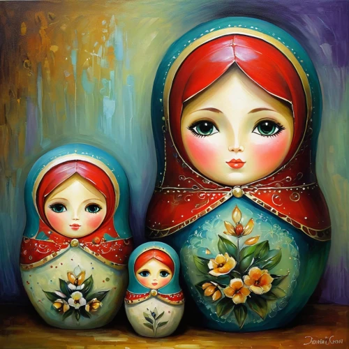 russian dolls,matryoshka doll,russian doll,nesting dolls,matryoshka,matrioshka,babushka doll,little girl and mother,nesting doll,porcelain dolls,mother and children,mother with children,holy family,the mother and children,little girls,ginger family,oil painting on canvas,painter doll,kyrgyz,dolls,Illustration,Realistic Fantasy,Realistic Fantasy 30