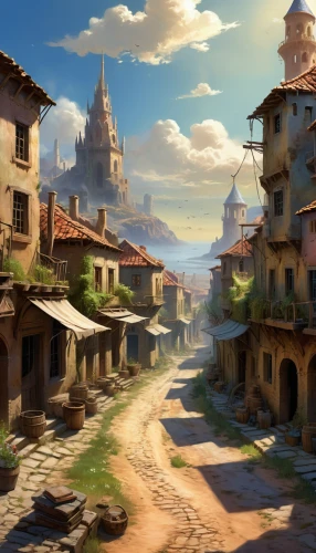 medieval town,ancient city,medieval street,mountain settlement,old town,meteora,mountain village,old city,aurora village,villages,knight village,spa town,wooden houses,human settlement,fantasy landscape,souk,the old town,townscape,escher village,alpine village,Illustration,Realistic Fantasy,Realistic Fantasy 01