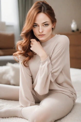 long-sleeved t-shirt,pajamas,woman on bed,pale,girl in bed,redhead doll,female model,sweater,woman laying down,romantic look,menswear for women,redhead,pjs,long underwear,redheads,long-sleeve,velvet elke,model,young woman,neutral color