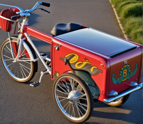 bicycle trailer,rickshaw,recumbent bicycle,electric bicycle,fruit car,hybrid bicycle,barrel organ,tandem bike,bicycle basket,bike tandem,tandem bicycle,motorcycle battery,party bike,courier box,blue pushcart,ice cream cart,hybrid electric vehicle,donkey cart,brompton,newspaper delivery,Photography,General,Realistic