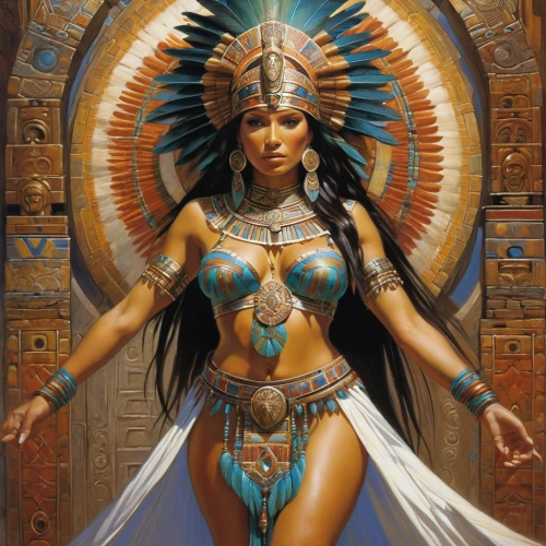 cleopatra,ancient egyptian girl,priestess,warrior woman,shamanic,american indian,ancient egypt,ancient egyptian,the american indian,indian headdress,headdress,pharaonic,native american,egyptian,fantasy art,shamanism,horus,athena,pocahontas,artemisia,Illustration,Realistic Fantasy,Realistic Fantasy 03