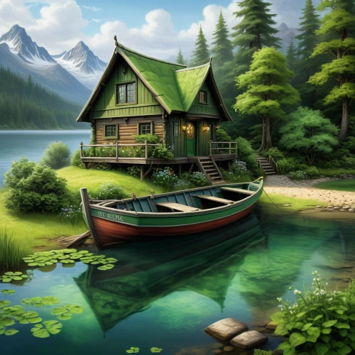 house with lake,boat landscape,houseboat,house by the water,boat house,summer cottage,fishing float,fisherman's house,boathouse,landscape background,wooden boat,small cabin,home landscape,cottage,floating huts,picnic boat,the cabin in the mountains,boat shed,little boat,wooden house,Conceptual Art,Fantasy,Fantasy 30
