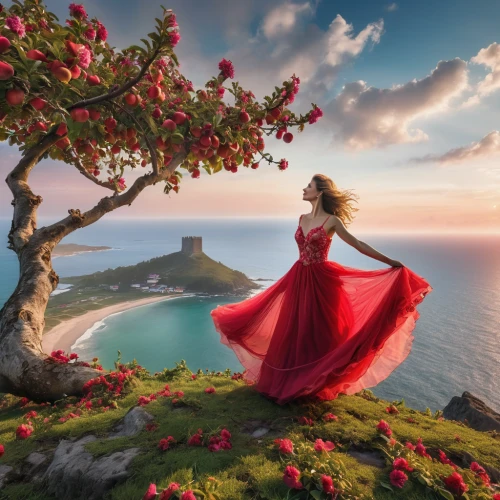 man in red dress,red gown,fantasy picture,girl in red dress,red cape,lady in red,celtic woman,photo manipulation,enchanting,landscape red,flamenco,landscape rose,way of the roses,landscapes beautiful,red magnolia,gracefulness,photoshop manipulation,fairytale,red tunic,splendor of flowers,Photography,General,Realistic