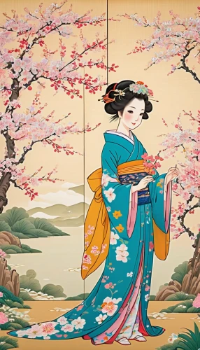 kimono fabric,oriental painting,japanese art,japanese floral background,plum blossoms,cool woodblock images,geisha,geisha girl,floral japanese,chinese art,shakuhachi,plum blossom,japanese culture,japanese woman,erhu,apricot blossom,taiwanese opera,oriental princess,woodblock prints,honzen-ryōri,Illustration,Japanese style,Japanese Style 02