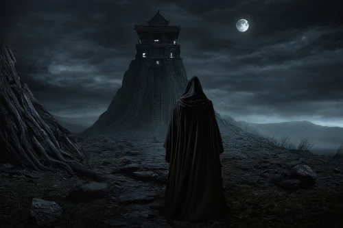 witch house,dark gothic mood,dark art,ghost castle,witch's house,haunted castle,dark world,fantasy picture,castle of the corvin,the night of kupala,photomanipulation,night watch,watchtower,photo manipulation,pilgrimage,grimm reaper,gothic,blackmetal,hooded man,black landscape,Photography,Artistic Photography,Artistic Photography 06