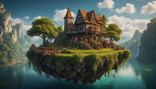 fantasy landscape,fairy tale castle,3d fantasy,fairytale castle,fantasy picture,floating island,water castle,house with lake,fantasy world,fantasy art,fantasy city,house in the forest,floating islands,fairy village,mountain settlement,world digital painting,home landscape,flying island,castel,knight's castle,Photography,General,Fantasy