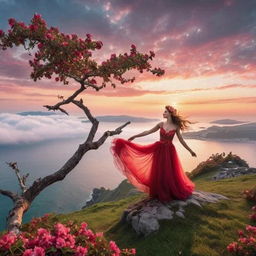 fantasy picture,red gown,red cape,celtic woman,man in red dress,fairy tale,gracefulness,a fairy tale,way of the roses,fairytale,enchanting,landscape rose,splendor of flowers,enchanted,landscape red,girl in a long dress,lady in red,landscape background,romantic scene,red tunic,Photography,General,Realistic