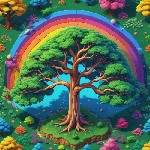 colorful tree of life,rainbow world map,magic tree,rainbow background,painted tree,flourishing tree,pacifier tree,tree of life,wondertree,penny tree,cartoon forest,children's background,pot of gold background,fairy forest,a tree,circle around tree,tree,rainbow pencil background,fairy world,cartoon video game background,Unique,3D,Isometric