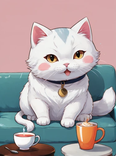 tea party cat,cat drinking tea,cat's cafe,cat coffee,teacup,teatime,white cat,cappuccino,macchiato,a cup of tea,tea zen,fluffy diary,domestic cat,cup of cocoa,tea time,tea drinking,coffee tea illustration,tea cup,scottish fold,drinking coffee,Illustration,Japanese style,Japanese Style 04
