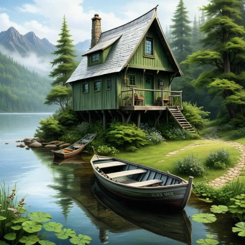 house with lake,houseboat,summer cottage,house by the water,boat house,boat landscape,fisherman's house,boathouse,cottage,floating huts,home landscape,small cabin,wooden house,house in the forest,boat shed,the cabin in the mountains,lonely house,wooden boat,house in mountains,little house,Conceptual Art,Fantasy,Fantasy 30