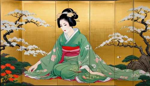 japanese art,geisha,kimono fabric,japanese woman,geisha girl,honzen-ryōri,tea ceremony,oriental painting,shakuhachi,tatami,ikebana,motsunabe,junshan yinzhen,mukimono,japanese-style room,japanese floral background,ryokan,chinese art,plum blossoms,kaiseki,Illustration,Japanese style,Japanese Style 18