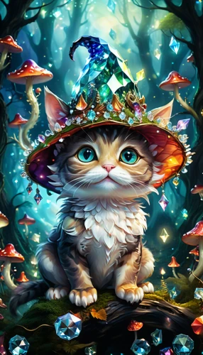 tea party cat,fantasy picture,fantasy art,cat sparrow,pot of gold background,hatter,fantasy portrait,lucky cat,whimsical animals,cat image,magical adventure,cat lovers,magic hat,cat warrior,cat tree of life,children's background,animal feline,whimsical,faery,faerie,Illustration,Realistic Fantasy,Realistic Fantasy 37