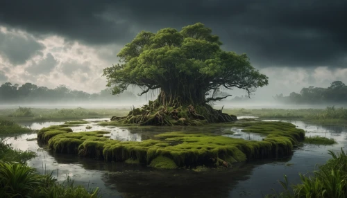 isolated tree,swampy landscape,fantasy landscape,lone tree,fantasy picture,swamp,celtic tree,bayou,magic tree,forest tree,mushroom landscape,tree moss,weeping willow,landscape background,tree of life,the japanese tree,green tree,nature landscape,world digital painting,green landscape,Photography,General,Fantasy