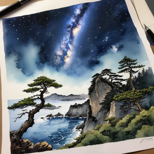 watercolor pine tree,watercolor background,watercolor painting,watercolor,watercolor paper,starry night,starscape,fantasy landscape,watercolor tree,watercolor frame,an island far away landscape,starry sky,painting technique,watercolor tea,star sky,night sky,watercolor sketch,the night sky,fabric painting,falling stars,Photography,General,Realistic