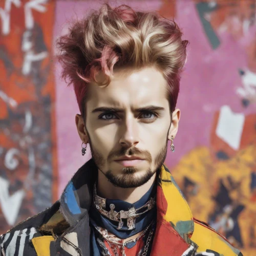 harlequin,pompadour,streampunk,punk,man in pink,candy boy,male model,popart,feathered hair,punk design,mohawk hairstyle,paintbrush,mohawk,anime boy,airbrushed,vintage boy,pink hair,quiff,grunge,facial hair